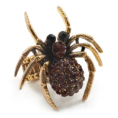 Kristall Spinne Stretch Cocktail Ring in Altgold / Topas - 45 mm hoch