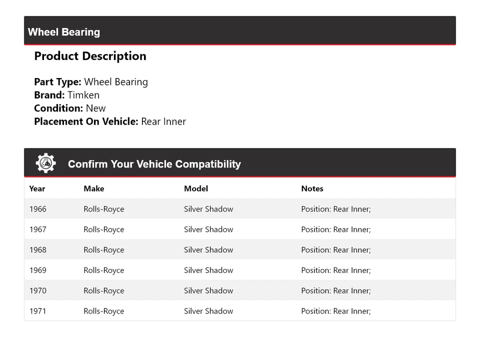 Cojinete de rueda trasero interior Timken 1967 para Rolls-Royce Silver Shadow 1966-1971 Foto 2 de 4