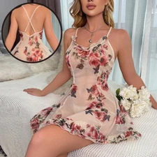 Sexy Women's Lingerie Lace Sheer V Neck Babydoll Nightgown Sleepwear Slip Dress