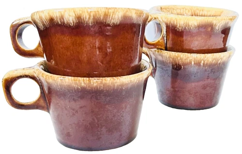 Vintage Hull USA Crestine Set of 4 Mugs Brown Drip Glaze
