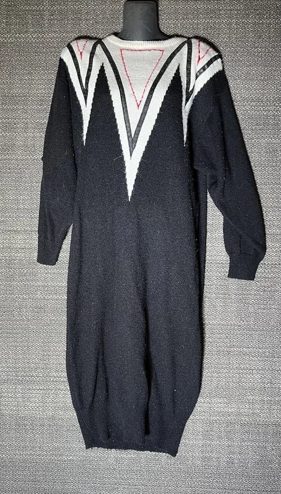 Vestido Suéter Negro Años 80 De Colección Cuello Triángulo Tejido Geométrico Retro Dolman Túnica Foto 2 de 4