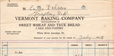 1923 VERMONT BAKING SWEET WHEAT TRUE BREAD CAKE PASTRY WHITE RIVER JUNCTION Z137
