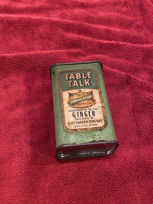Vintage Paper Label Table Talk Ginger Spice Tin, Rust-Parker Co. in Duluth, MN.