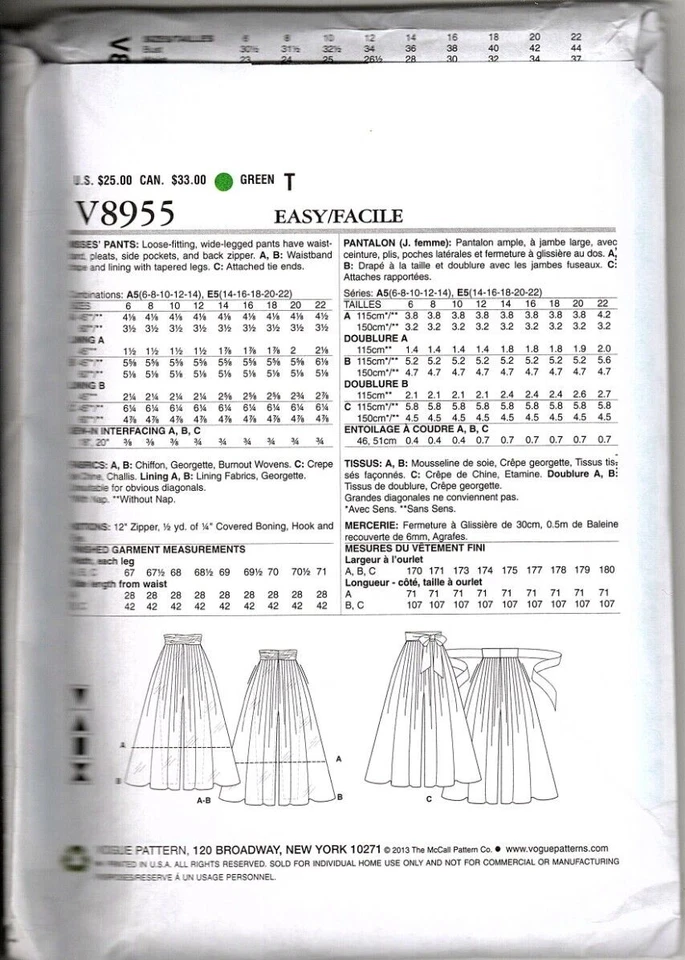 Vogue V8955 Misses 14 to 22 Wide Legged Pants Uncut Sewing Pattern - Image 2 of 2