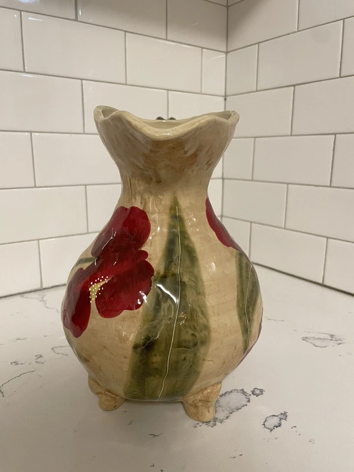 GIFTCRAFT OASIS FOOTED RED FLOWERS GREEN LEAVES TAN BROWN WATER PITCHER - Image 4 of 4