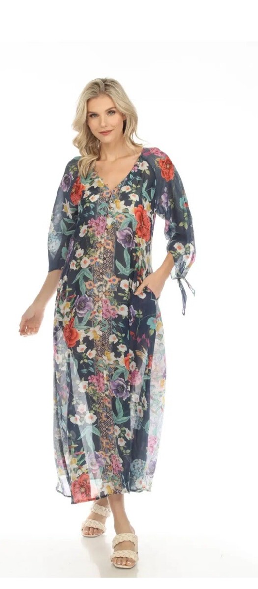 Johnny Was Sunrise Swim Caftan Coverup Cotton Silk, Size Large