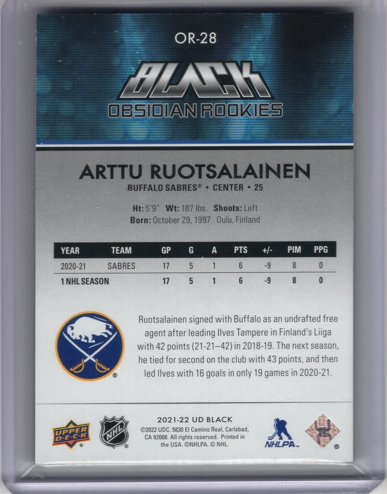 2021-22 SPx UD BLack Obsidian Rookies Purple #OR-28 Arttu Ruotsalainen 19/25 - Image 2 of 2
