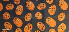 HALLOWEEN THEMED COTTON QUILTING FABRIC ORANGE PUMPKIN HEADS ON DARK GREY 1 YD