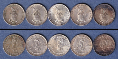 1945 & 44 5pcs - 20 Centavos United States of America Philippine Silver Coin #A3 - Picture 1 of 5