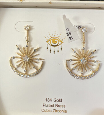 Eye candy 18 K gold plated brass CZ crystal drop earrings NEW