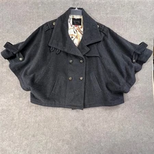 Tapenade Basic Black Wool Blend Cape Jacket, Military Style Capelet Medium