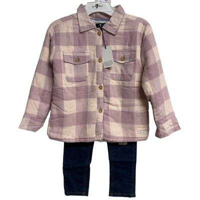 7 For All Mankind Girls 2 Piece Set Size 6 Pink Plaid Jacket Jeans Outfit New