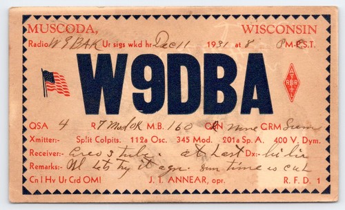 1931 Muscoda Wisconsin Grant County J T Annear W9DBA ARRL Ham Radio QSL Card