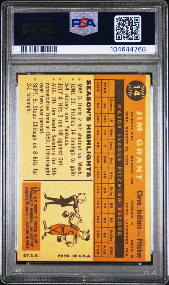 1960 TOPPS #14 JIM GRANT PSA VG-EX 4 - Image 2 of 2