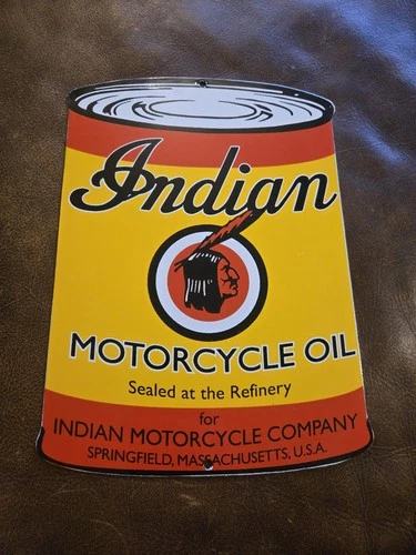 VINTAGE INDIAN MOTORCYCLE OIL PORCELAIN SIGN MASSACHUSETTS 11"x8".