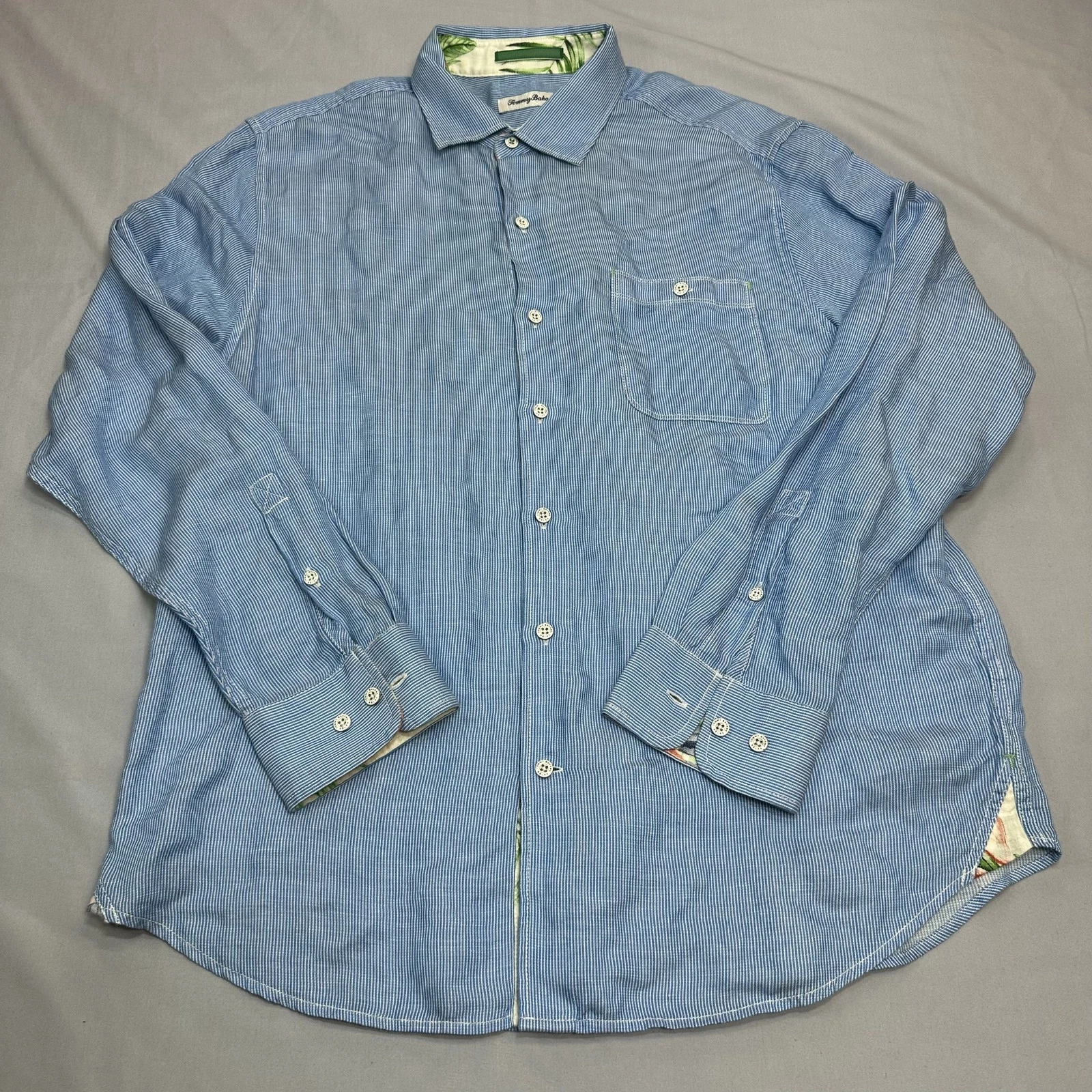 Tommy Bahama Shirt Mens Large Blue Linen Tencel Stripe Tropical Trim Summer