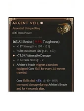 Diablo 4 Season 11 Argent Veil 1GA 45% Unique Ring Paladin Item Gear Equipment
