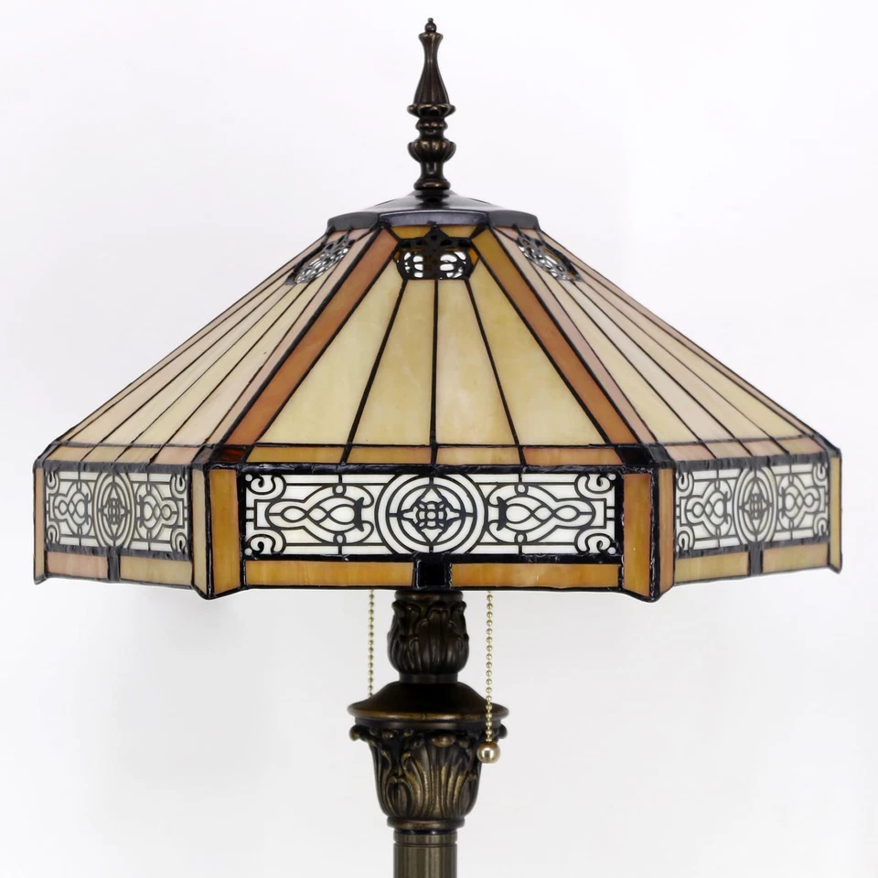 Tiffany Floor Lamp Yellow Hexagon Stained Glass Mission Standing Reading Ligh... - Image 2 of 4