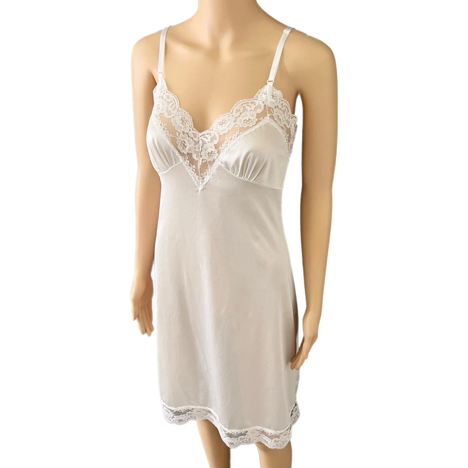 Vintage Sliperfection Lingerie Dress 70s White Nylon Tricot Lace Slip - Size 32 - Image 3 of 4