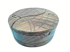 Fish Shaped Wooden Puzzle Box Handmade Carved Trinket Round Made in India 5" Vtg