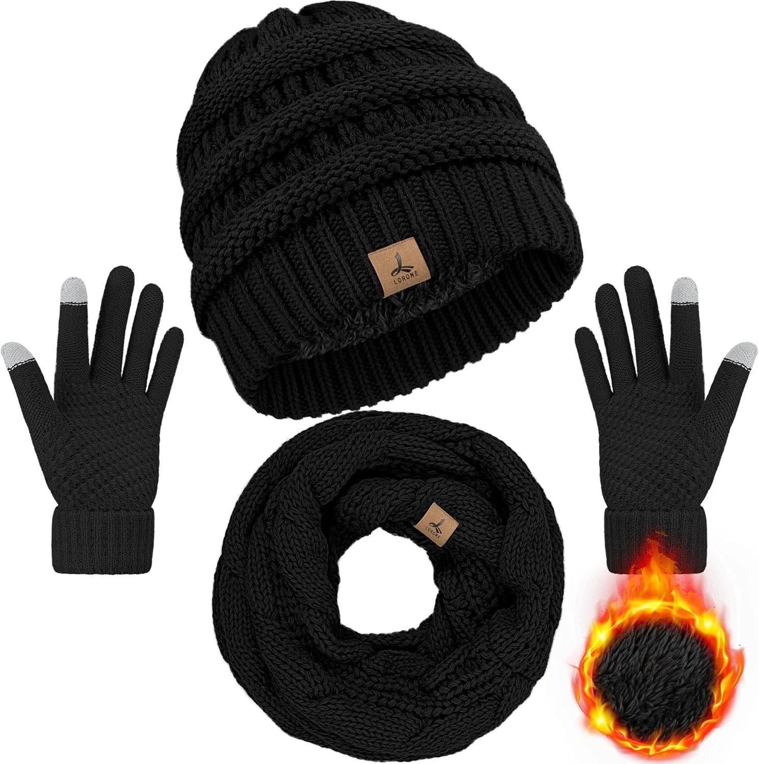Winter Beanie Hat Scarf Gloves Set Warm Fleece Knit Touch Screen Unisex Adult