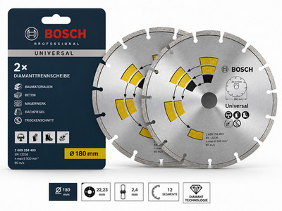 Bosch Diamanttrennscheibe 180mm 2er Set Universal Beton Stein 22,23mm 2609256402