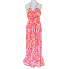 Pink Floral Maxi Dress Women’s Medium Pleated Halter Lined Sincerely Jules