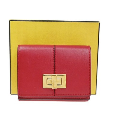 FENDI Logo Peekaboo Compact Trifold Wallet Purse Leather Red GHW Italy 30KB578