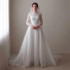 Sparkling Wedding Dress Bead Embroidery A-line High Neck Long Sleeve Bridal Gown