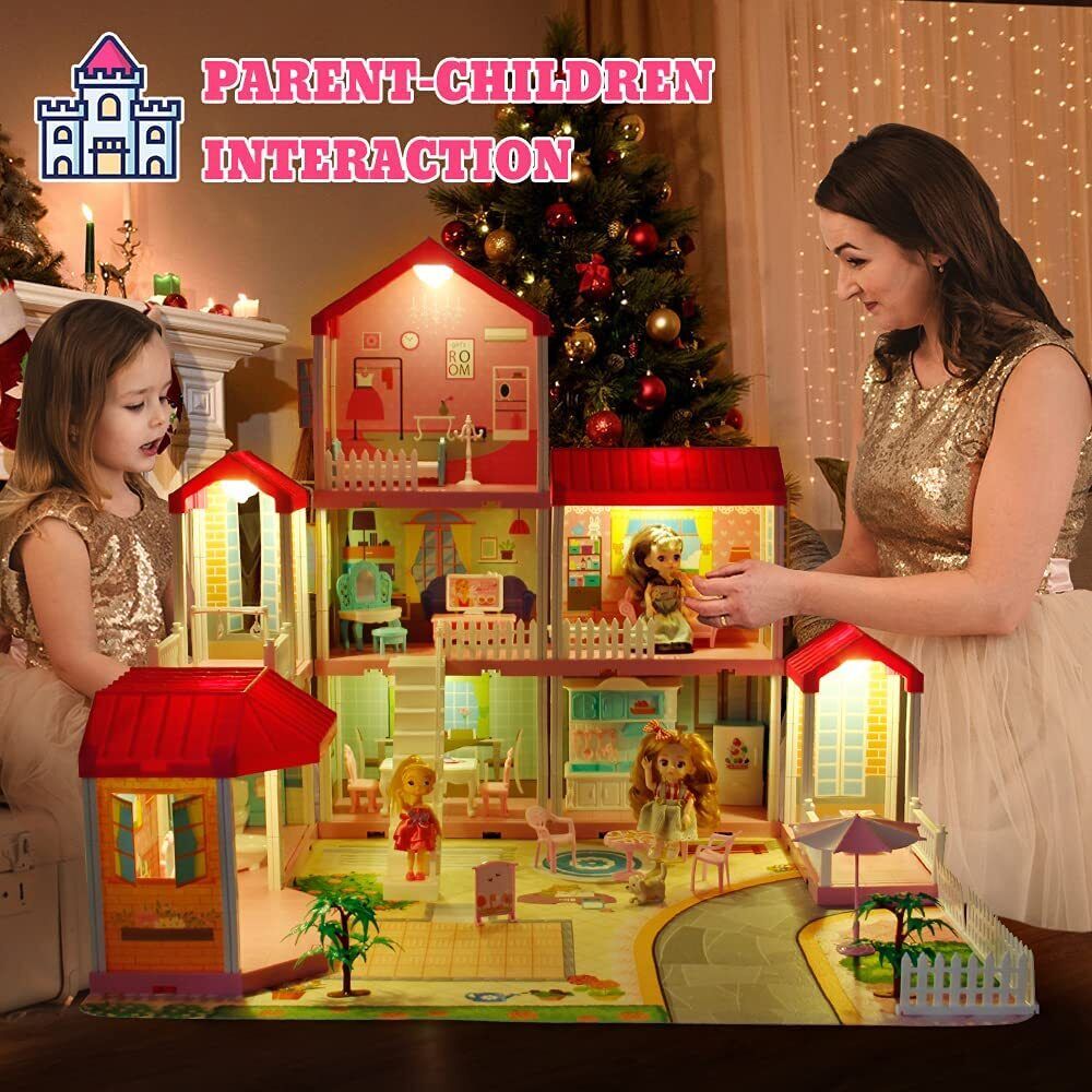 Doll House for Girls 2 3 4 5 6 7 8 Year Old - 3-Story 9 Rooms Dollhouse  with 3 Dolls Light Accessories Furniture and Play Mat, DIY Pretend Dream  House Toy Gift for Kids 