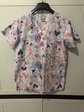 Just Love Hearts Scrub Top XS White with Multi-Colored Hearts Medical V-Neck Top
