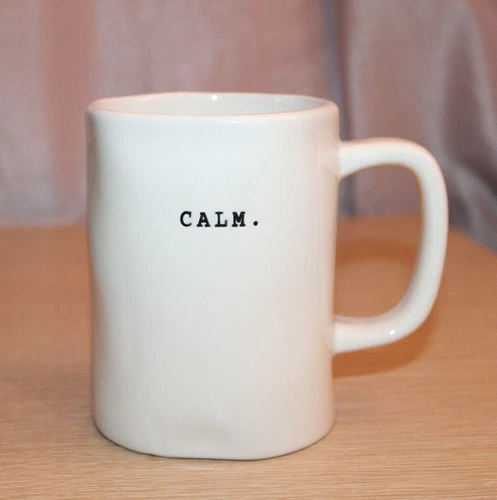 RAE DUNN MAGENTA "CALM." Coffee Mug Typewriter Font Print Vintage HTF Stamp M