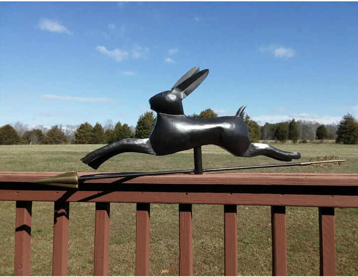 Running Rabbit weather vane , iron Hare weathervane Brass Point And Feather 41”