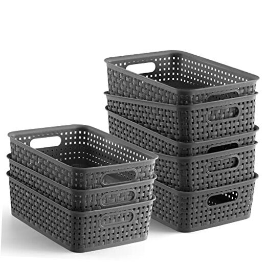 Plastic Storage Baskets - 8 Pack, Durable, Easy to Use, Flexible, Multi Gray