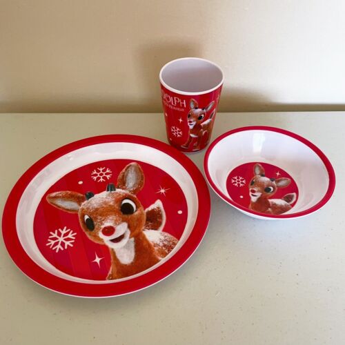Dan Dee Rudolph Reindeer Plastic Melamine Children Kid Dish Set Plate Bowl Cup - 第 1/8 張圖片