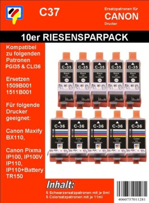 10 TiDis Ersatzpatronen kompatibel zu PGI35 PGI35 + CLI36 CLI-36, BX 110, TR150