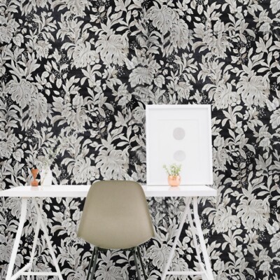Shimmer charcoal black beige Faux Silk Fabric Textured floral leaves Wallpaper