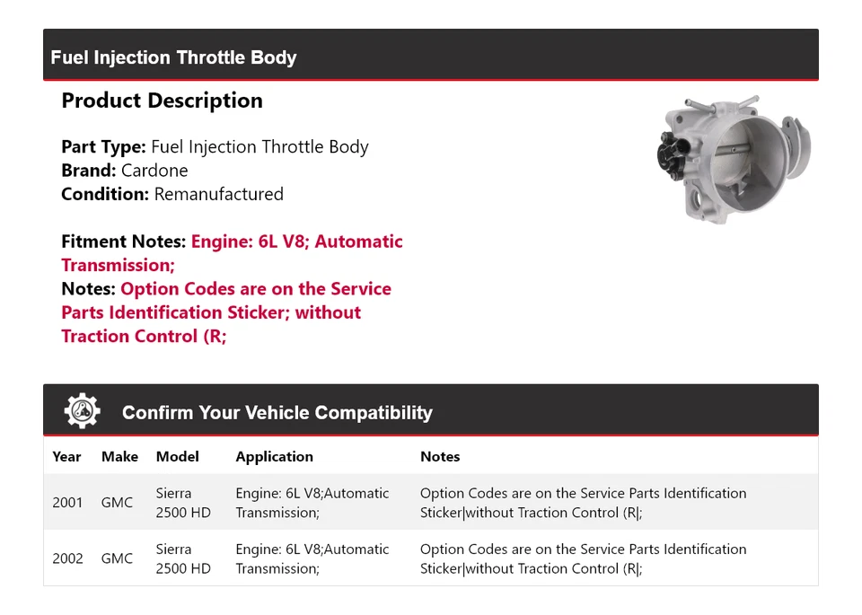 Para GMC Sierra 2500 HD 2001-2002 6L V8 Cuerpo de acelerador de inyección de combustible Cardone Foto 2 de 4