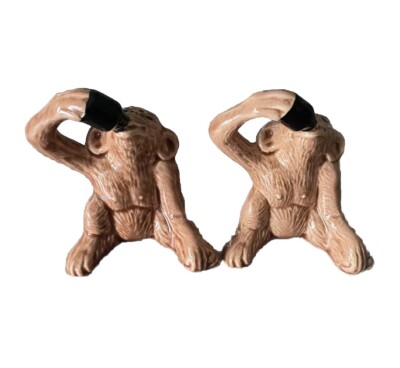 Drinking Monkeys Ceramic Salt & Pepper Shakers Vintage 1970s 3-1/2 inch Brown
