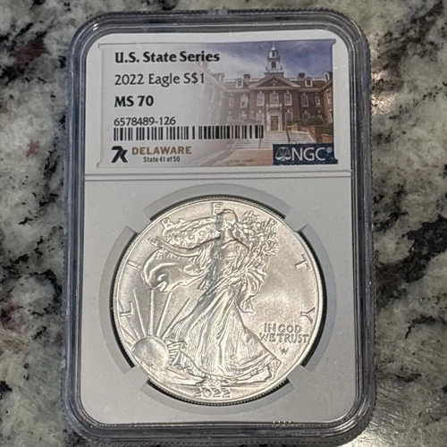 2022 $1 AMERICAN SILVER EAGLE NGC MS70 U.S. STATE SERIES DELAWARE LABEL