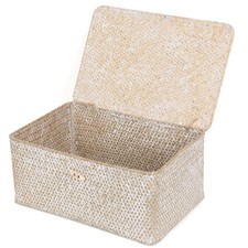 Wicker Shelf Baskets Lid Seagrass Storage Bins Rectangular Whitewash Large Box
