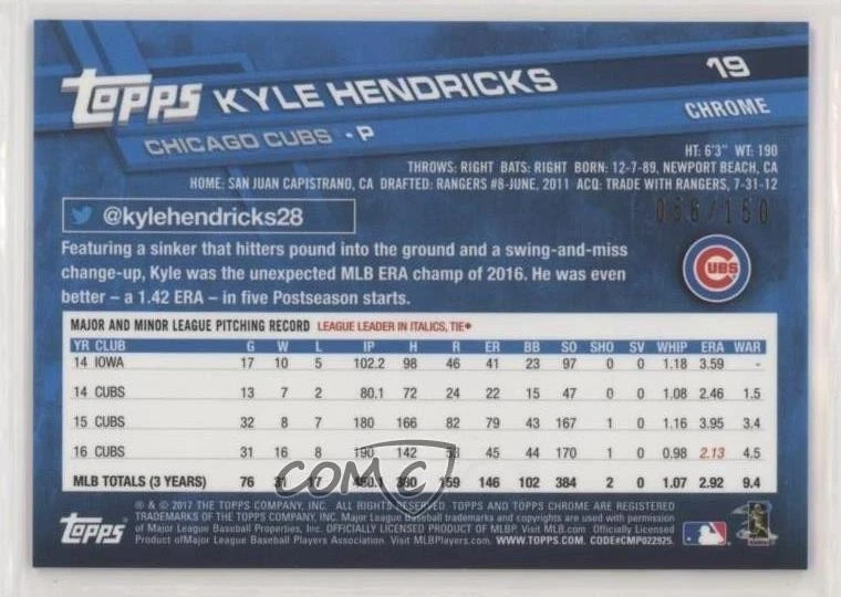 2017 Topps Chrome Blue Refractor 56/150 Kyle Hendricks #19 - Image 2 of 3