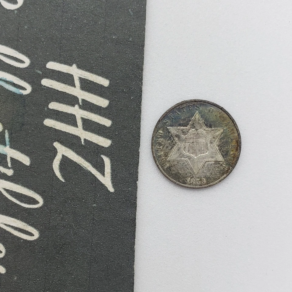 US 1859 3C Trime Silver Three Cent Piece Coin w/ 0.55 in 14 mm Slab Snap Holder - Image 3 of 4