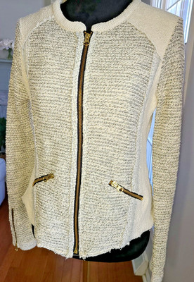 Lucky BLiss Cream Striped Gold Zip Blazer Sz M Sophisticated Career Boss Lady