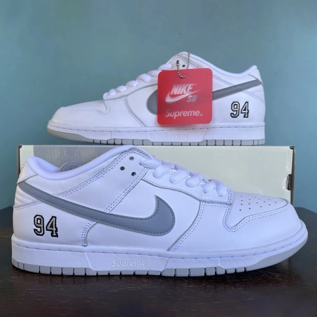 Supreme x Nike Dunk SB Low White Metallic Silver for Sale