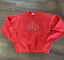 Vintage 90s New York Skyline Sweatshirt USA Made Twin Towers Red Crewneck L