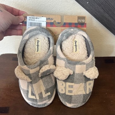 Dearfoams Kids Bear Buffalo Plaid Slippers Gray Cozy House Shoes Size 11/12