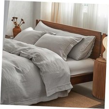 100 Washed Linen Duvet Cover with Embroidered,3 King Embroidery Light Grey