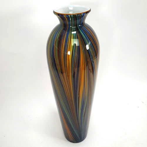 VTG 18" Hand Blown Swirled Stripes Murano Style Art Glass Peacock Feather Vase