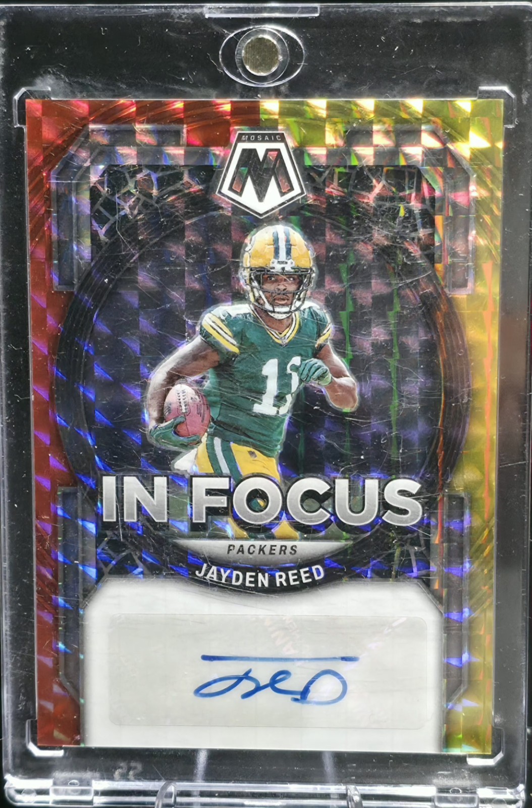 Jayden Reed 2023 Mosaic In Focus Signatures Choice Fusion Red & Yellow Rookie